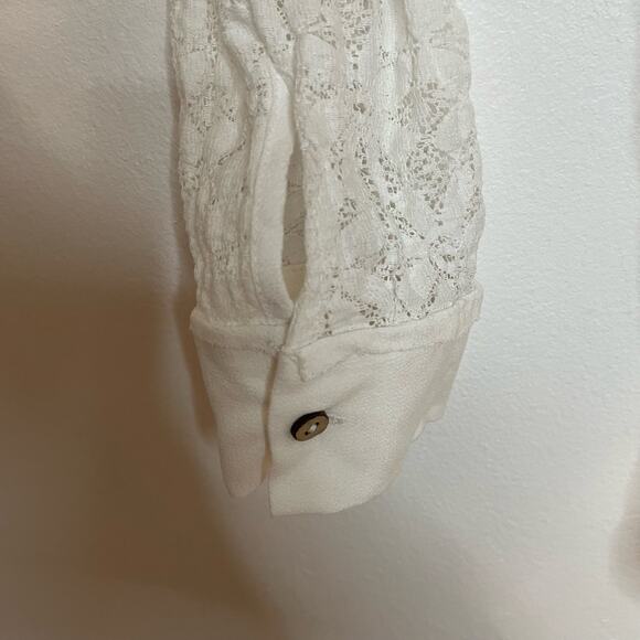 Free People White Tunic Top M Womens Button Front Collared Long Sleeve Lace Tie - Picture 5 of 10